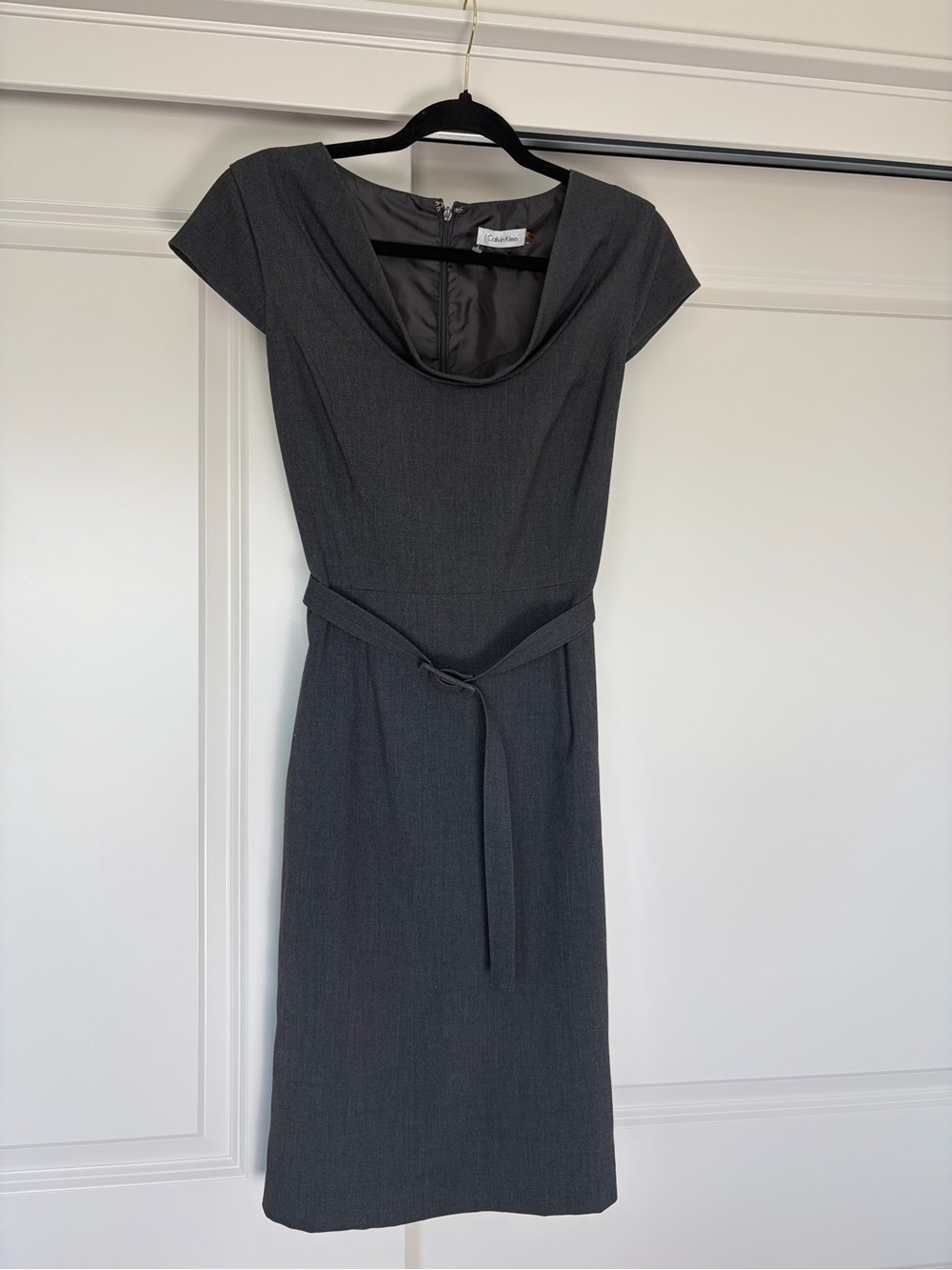 Calvin Klein Dark Gray Cap-Sleeve Sheath Dress with Self Tie Belt